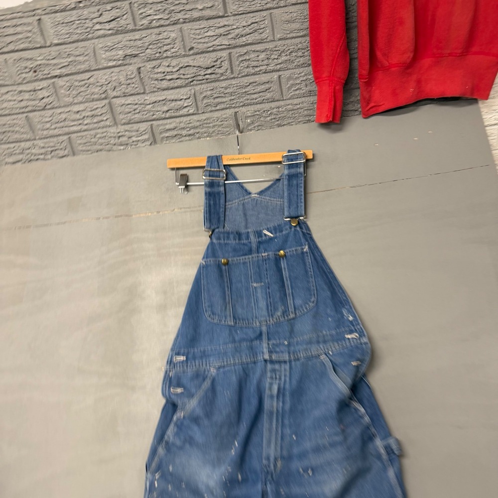 Vintage Roebucks Blue Denim Distressed Paint Splatter Cut Off Overalls 38 Waist